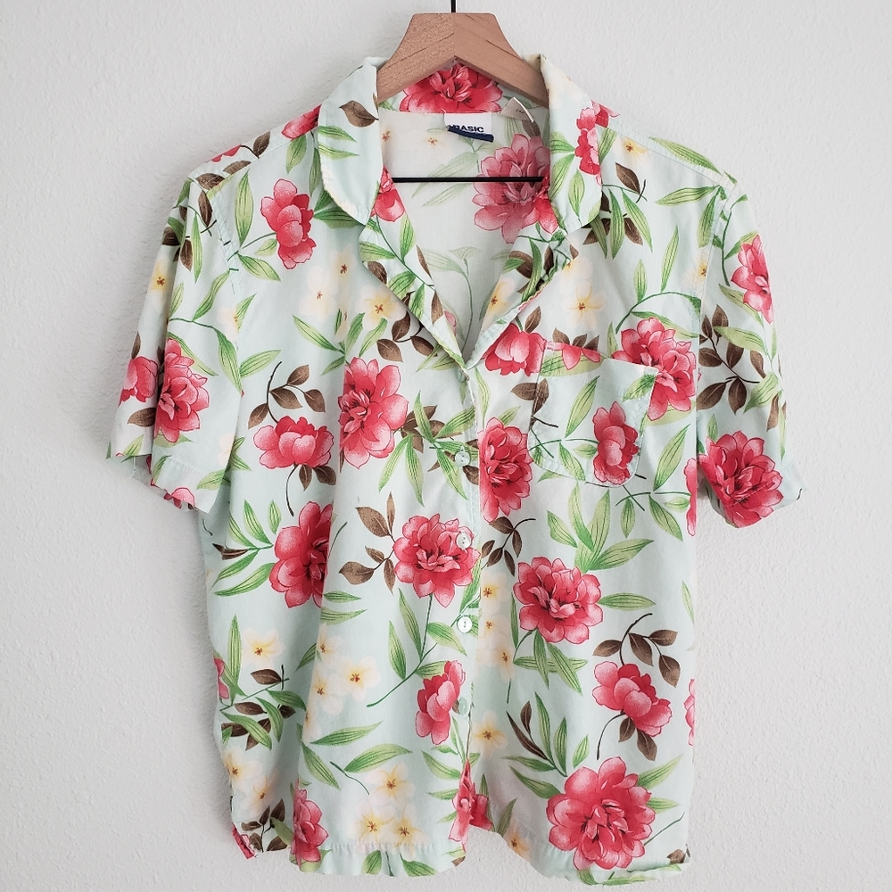 Vintage 90s Women's Short Sleeve Hawaiian Floral Button Up Collared Shirt Sz XL
